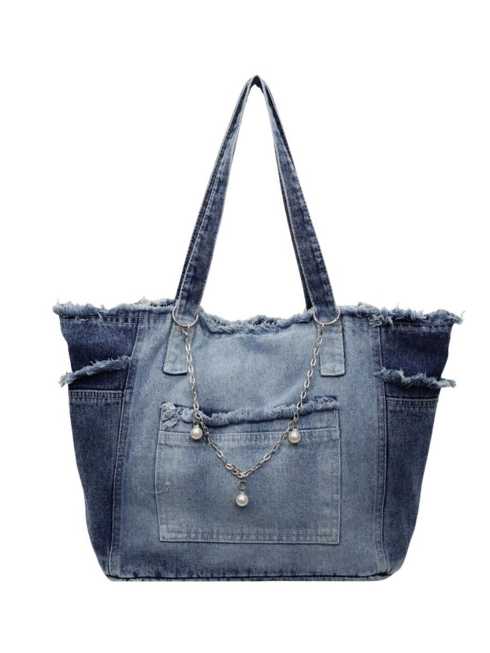 Women's Distressed Denim Tote Bag - Light Blue Jean Handbag with Zipper for
